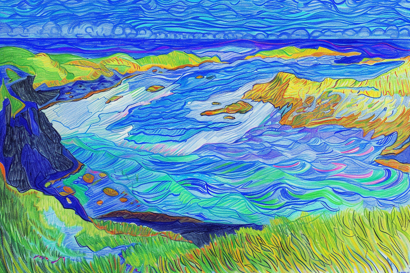 Coastal sketch with bold pencil lines and vibrant colors.