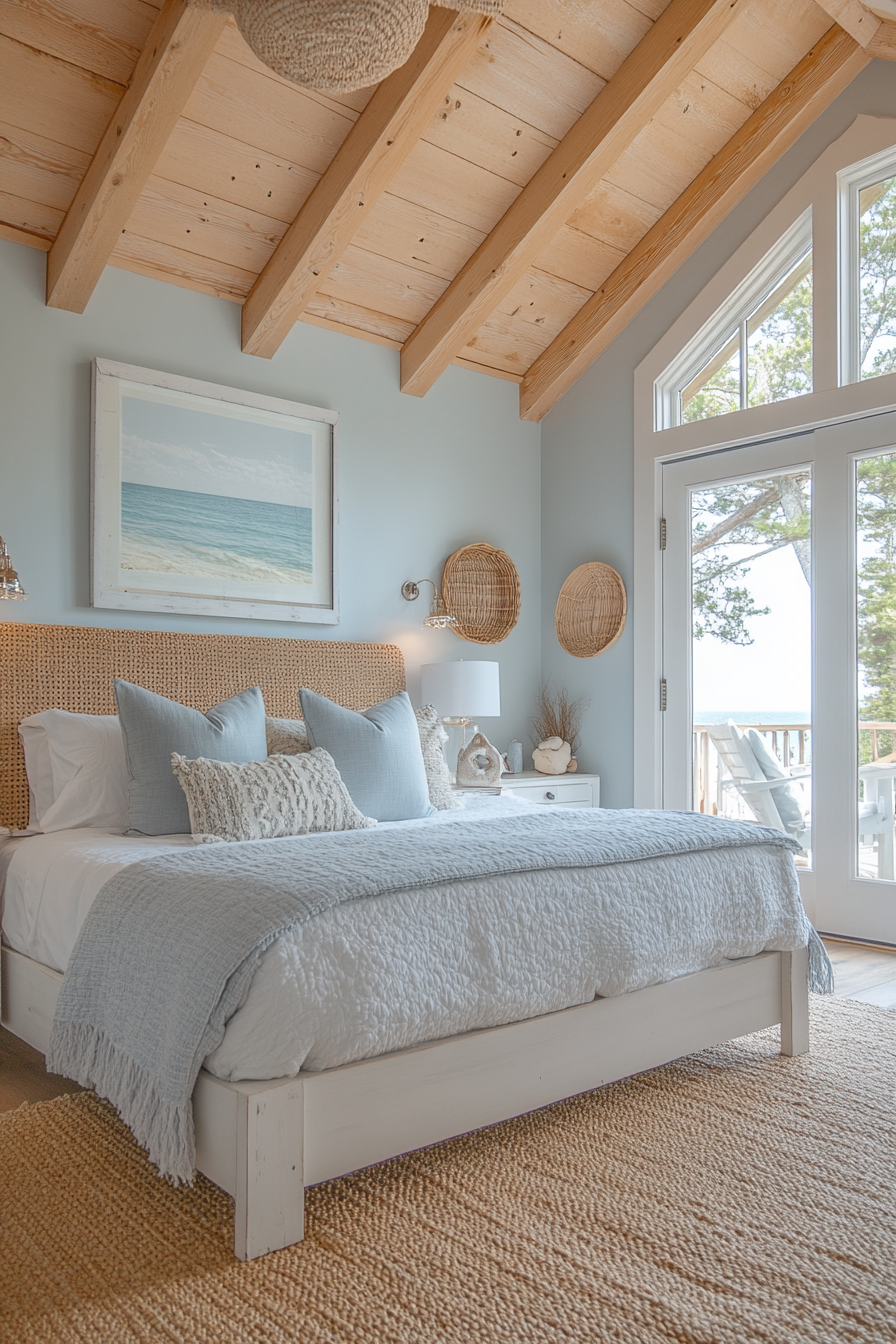 Coastal-themed cabin bedroom with modern furniture and decor