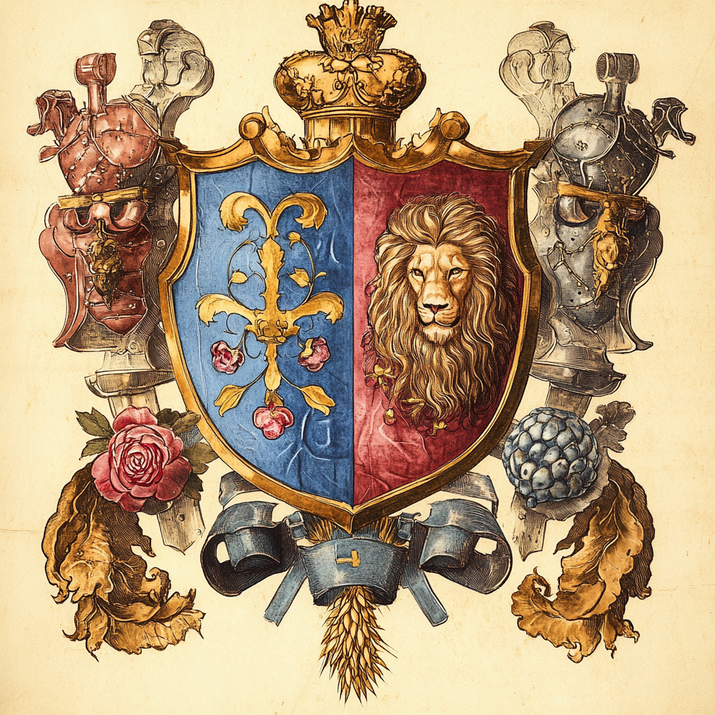 Coat-of-arms divided diagonally, blue rose, red wheat lion.