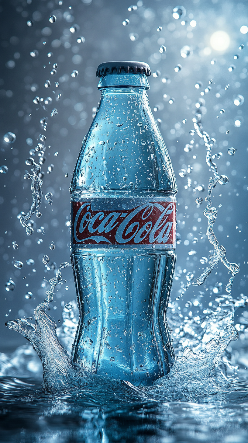 Coca-Cola bottle on mint water with bubbles and droplets.