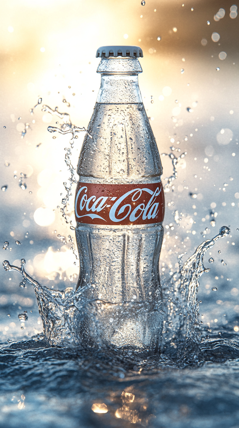 Coca-Cola bottle on sparkling water with bubbles splashing