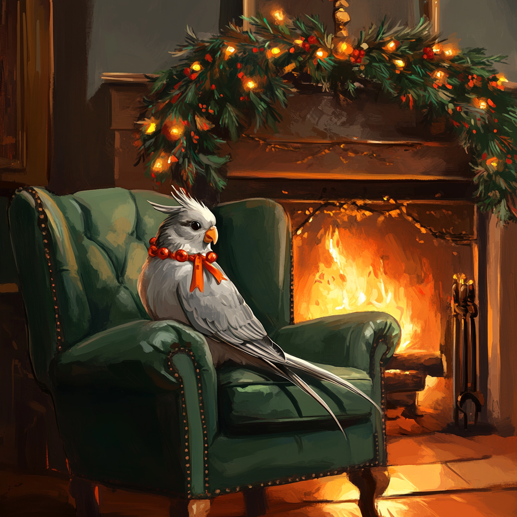 Cockatiel on Festive Chair by Fireplace Drawing