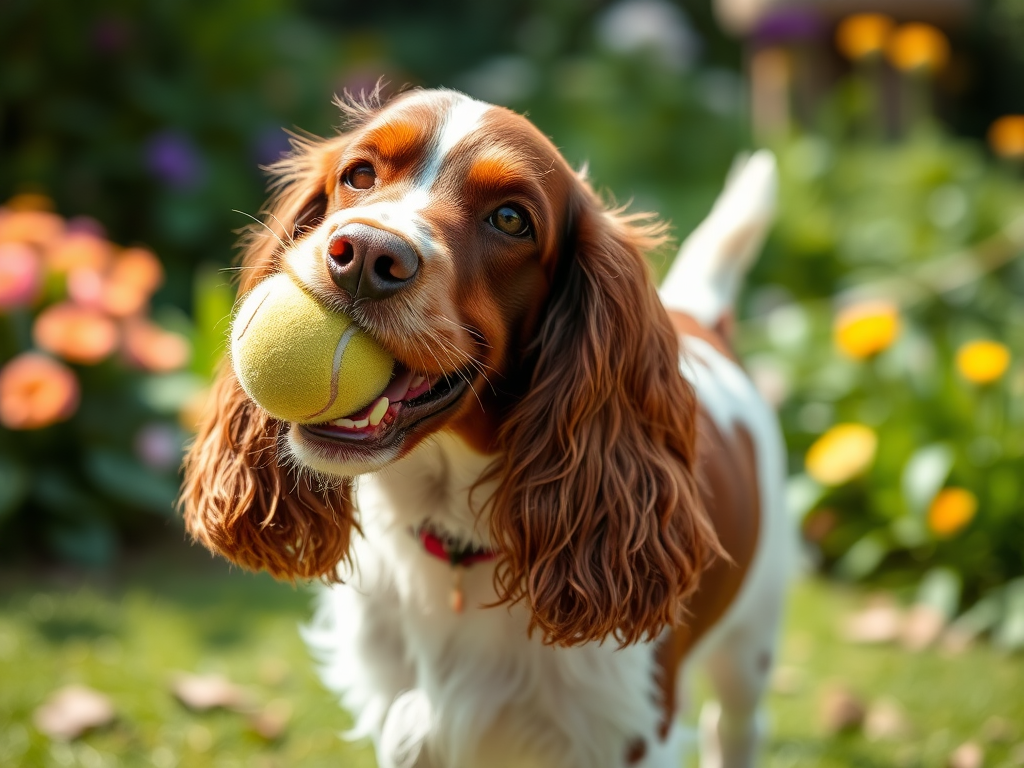 Cocker Spaniel Dog With Tennis Ball Outdoors