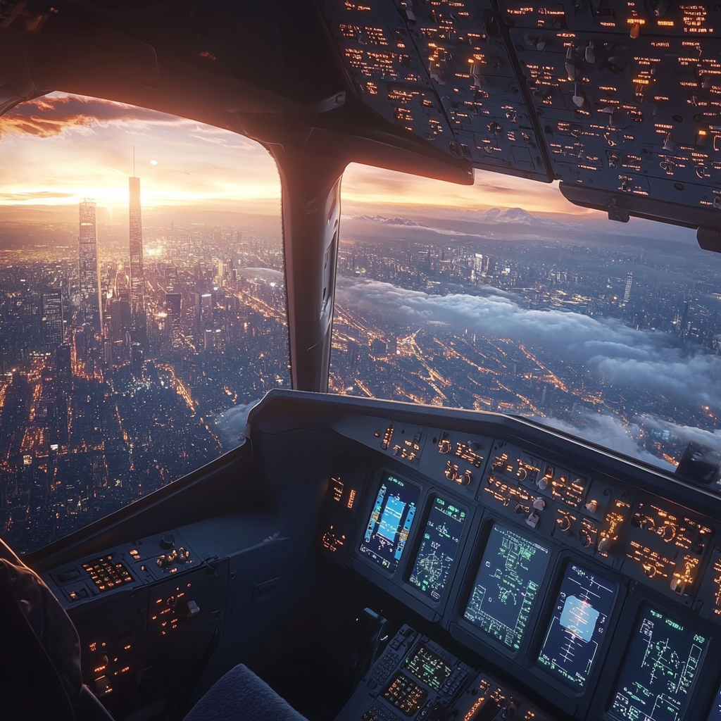 Cockpit view of big airliner landing in cityscape