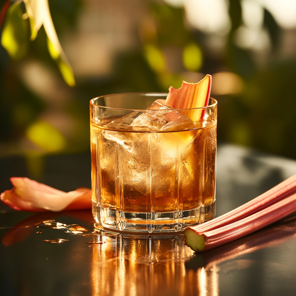 Cocktail in whiskey glass with ice and natural elements.