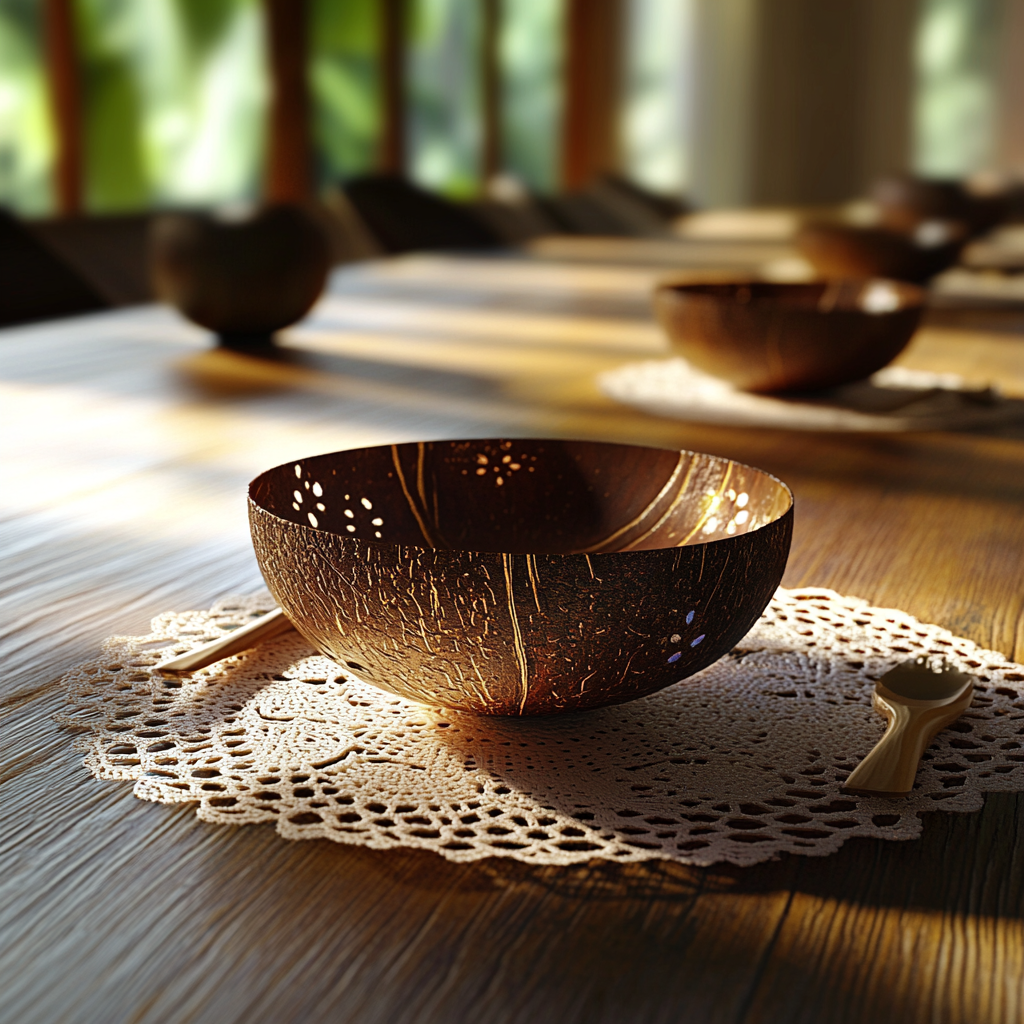 Coconut flatware on table with sunlight accents