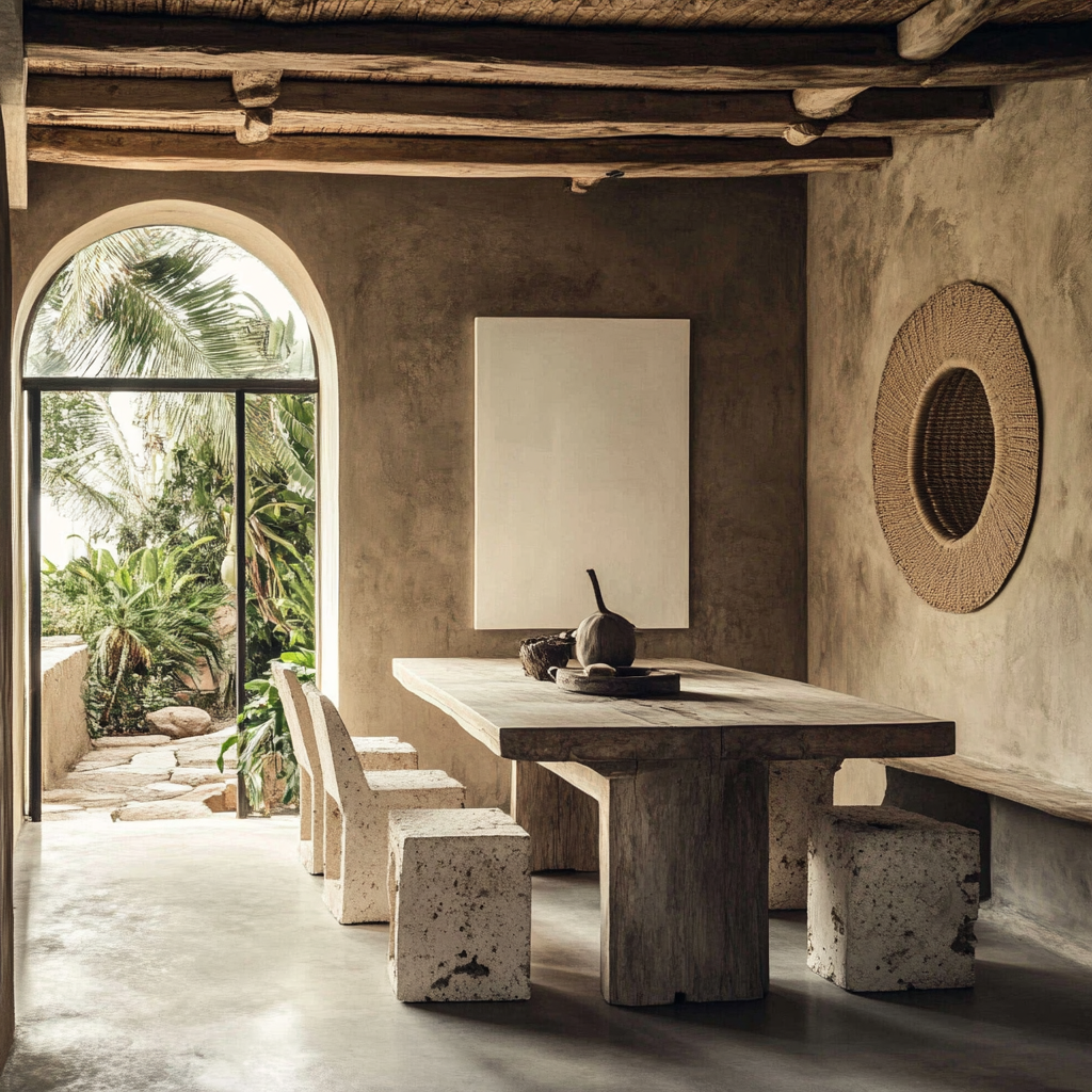 Coconut wall and big white art in dining room.