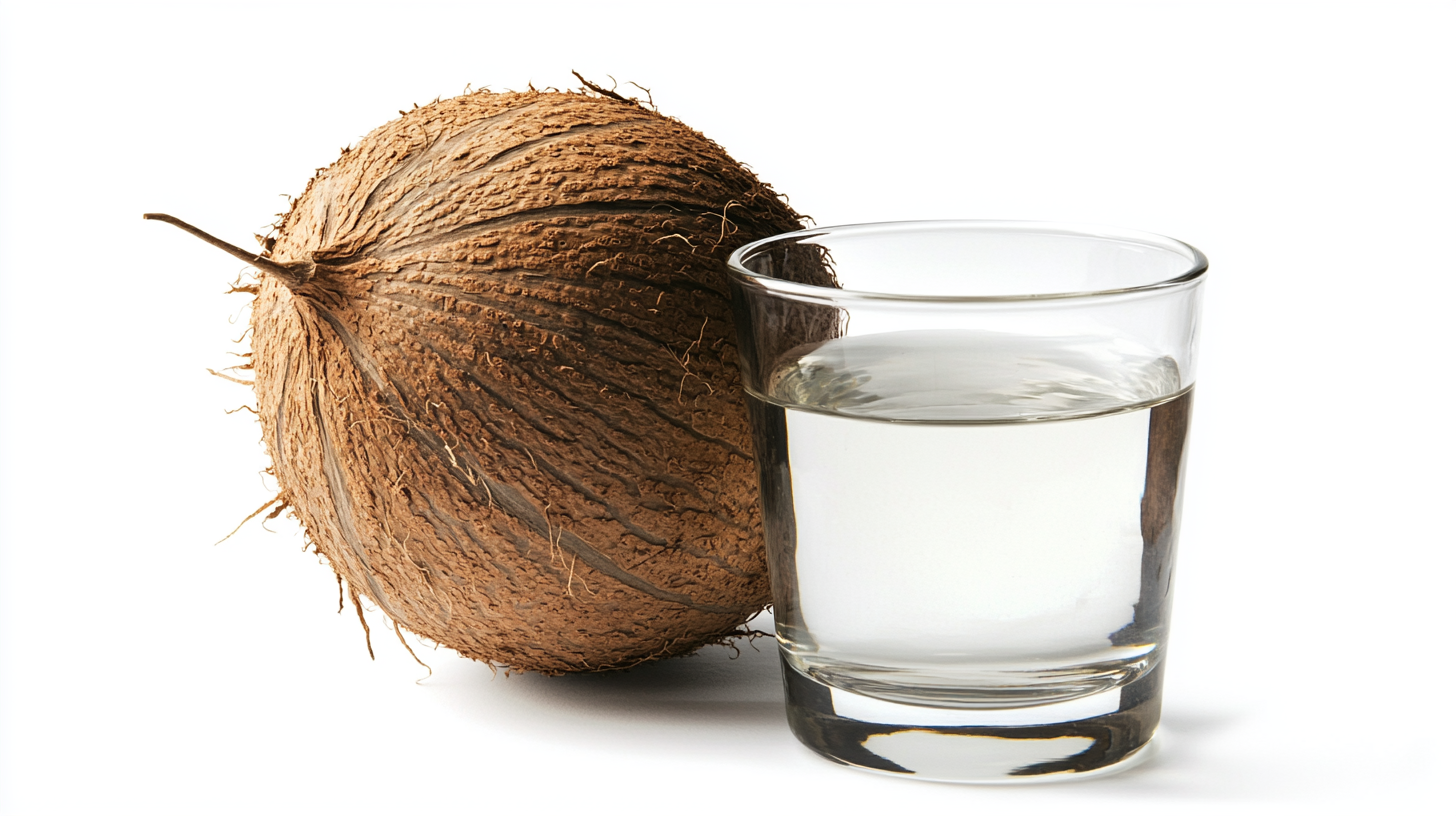 Coconut water in glass next to whole coconut