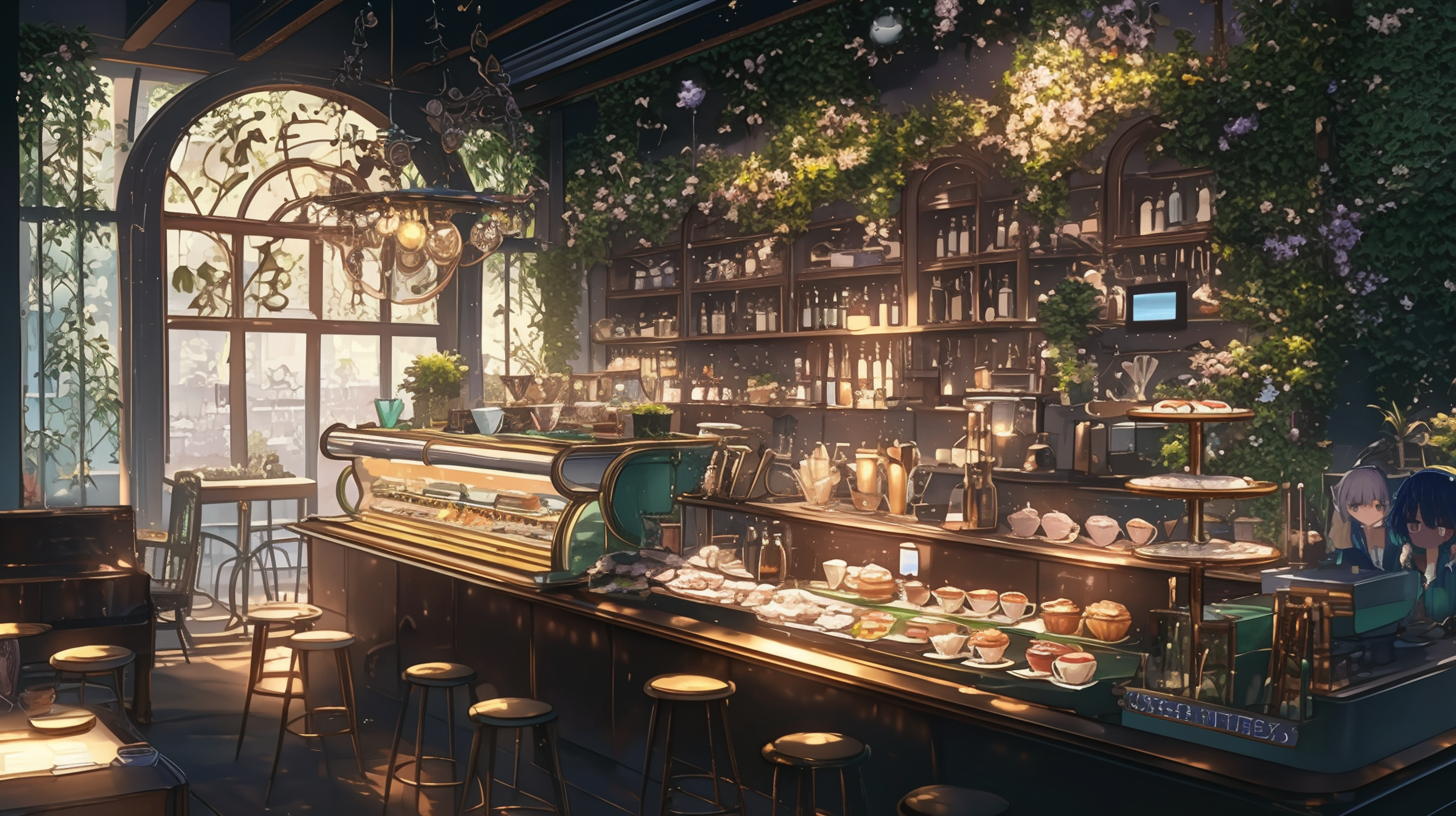 Coffee Shop Interior with Black Wood and Greenery