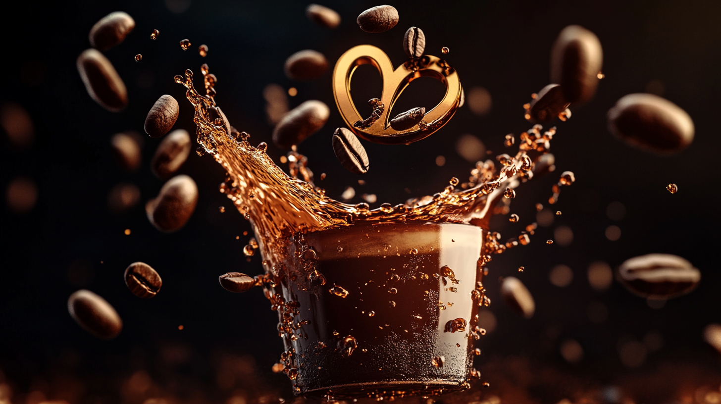 Coffee splash with Bitcoin logo beans, high-def, realistic, dramatic.