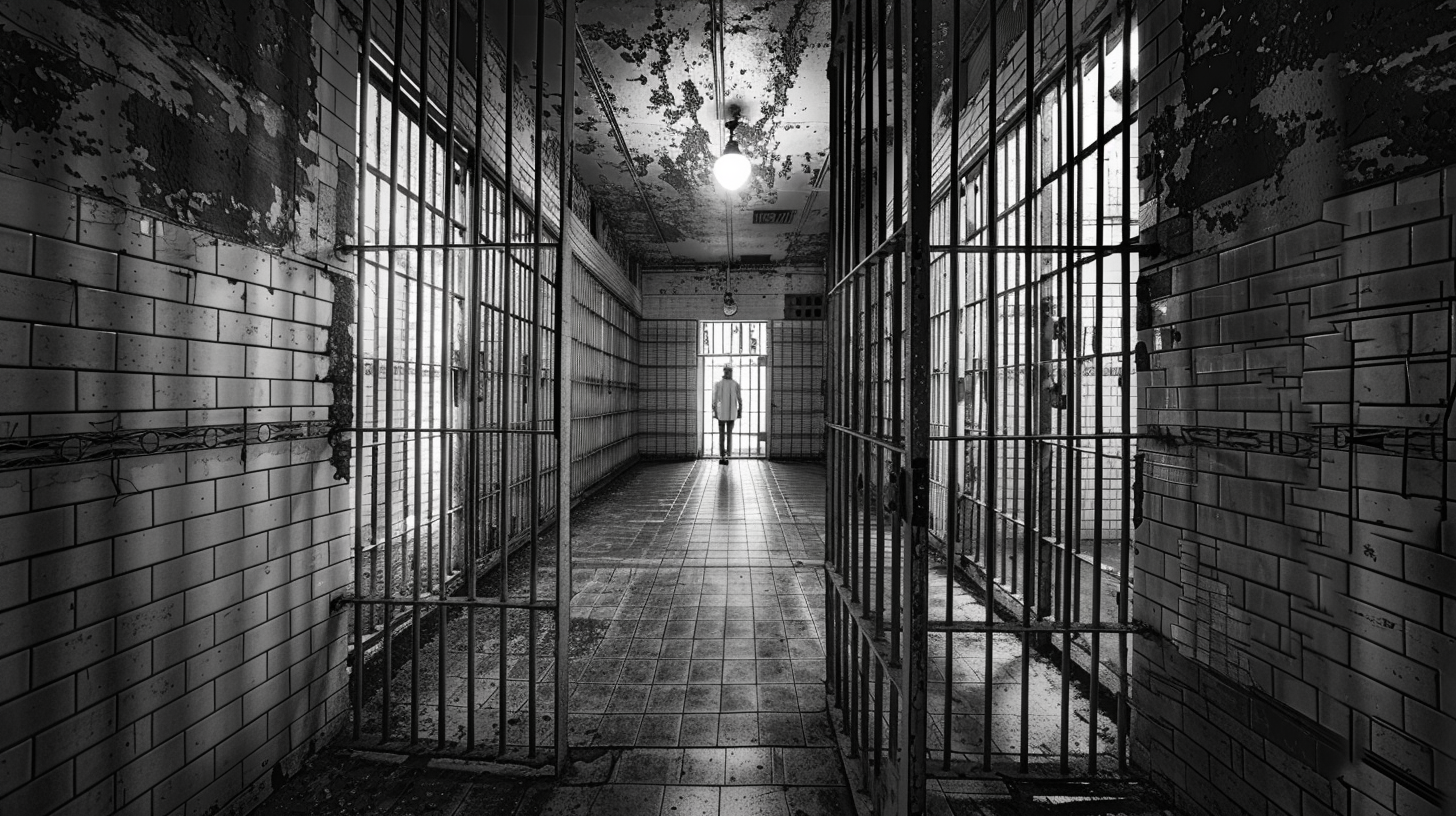 Cold, bleak institutional room with imposing prison gate.