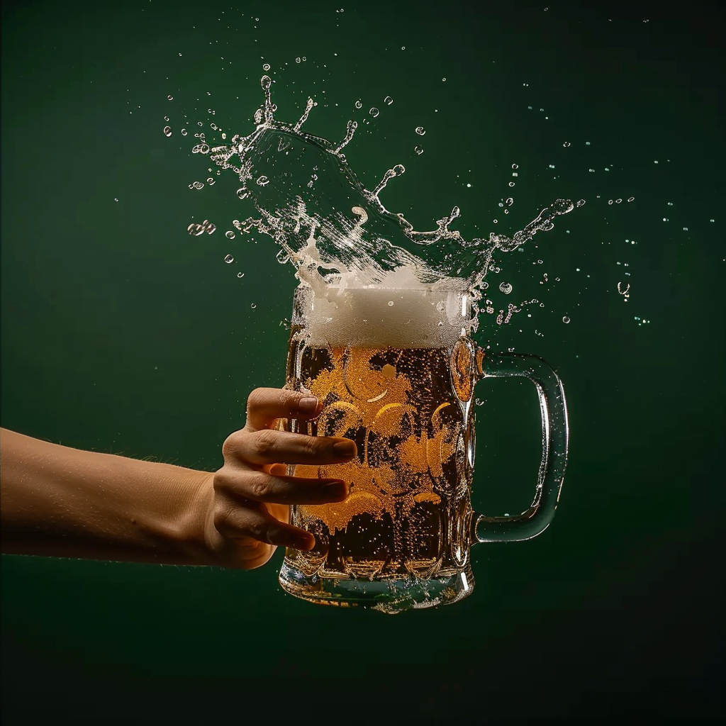 Cold Oktoberfest beer mug held by woman, angle from below