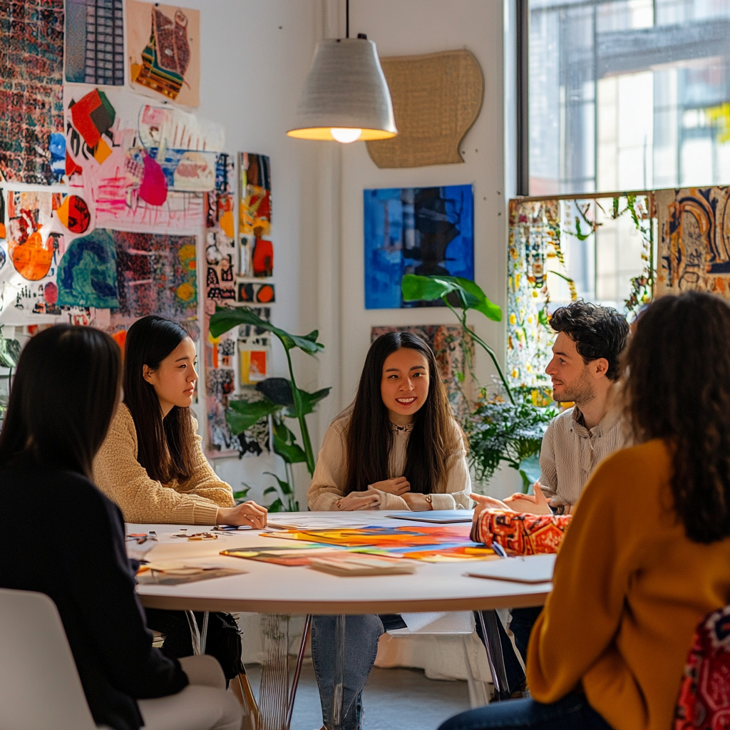 Collaborative team of diverse designers sharing ideas peacefully.