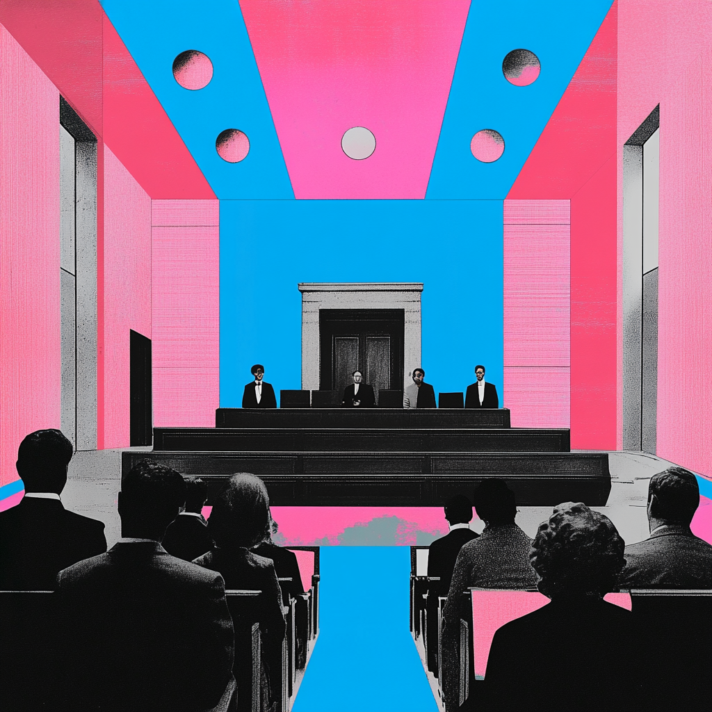 Collage inspired by pop art and Kusama, courtroom trial.