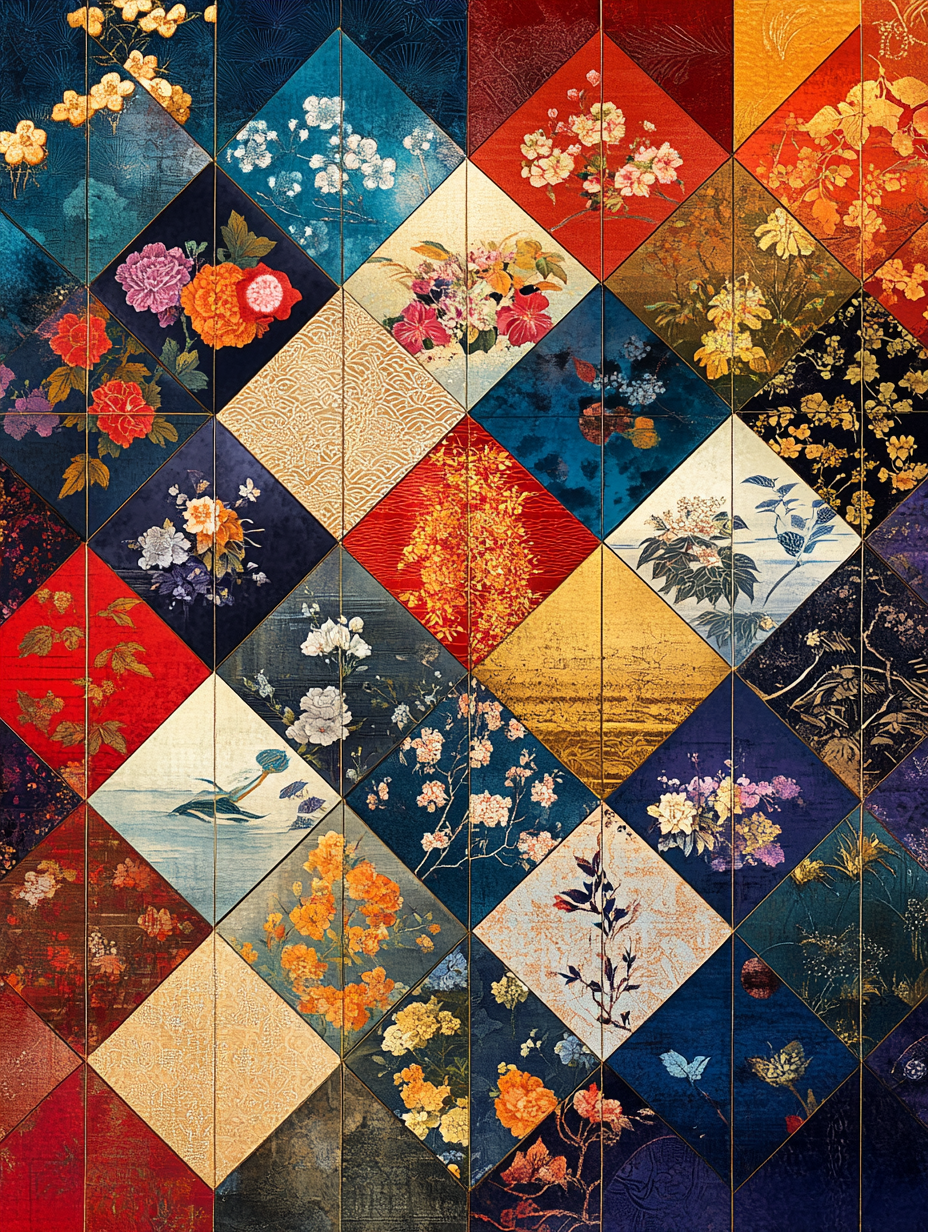 Collage of Japanese textile patterns in diamond format.