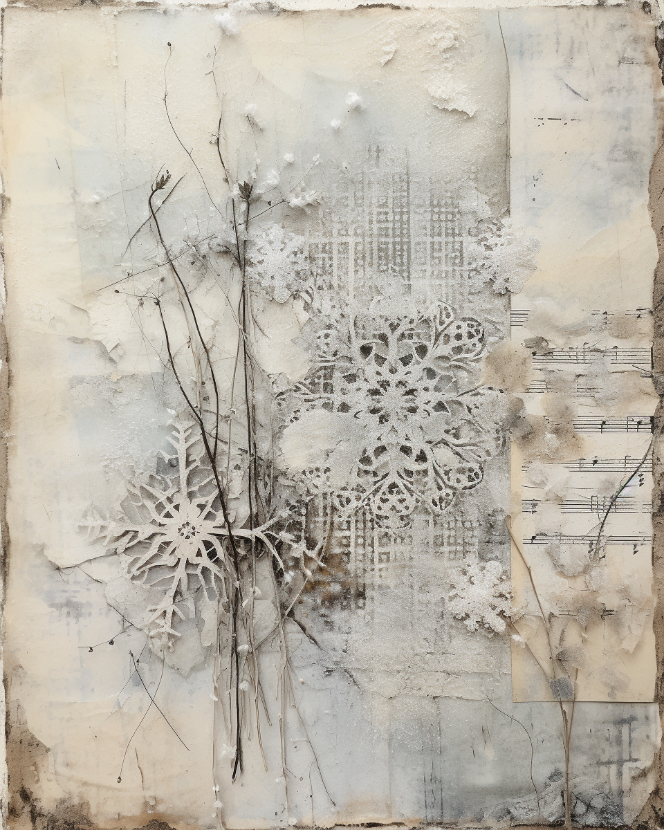 Collage of Snowflakes and Lace on Vintage Paper.