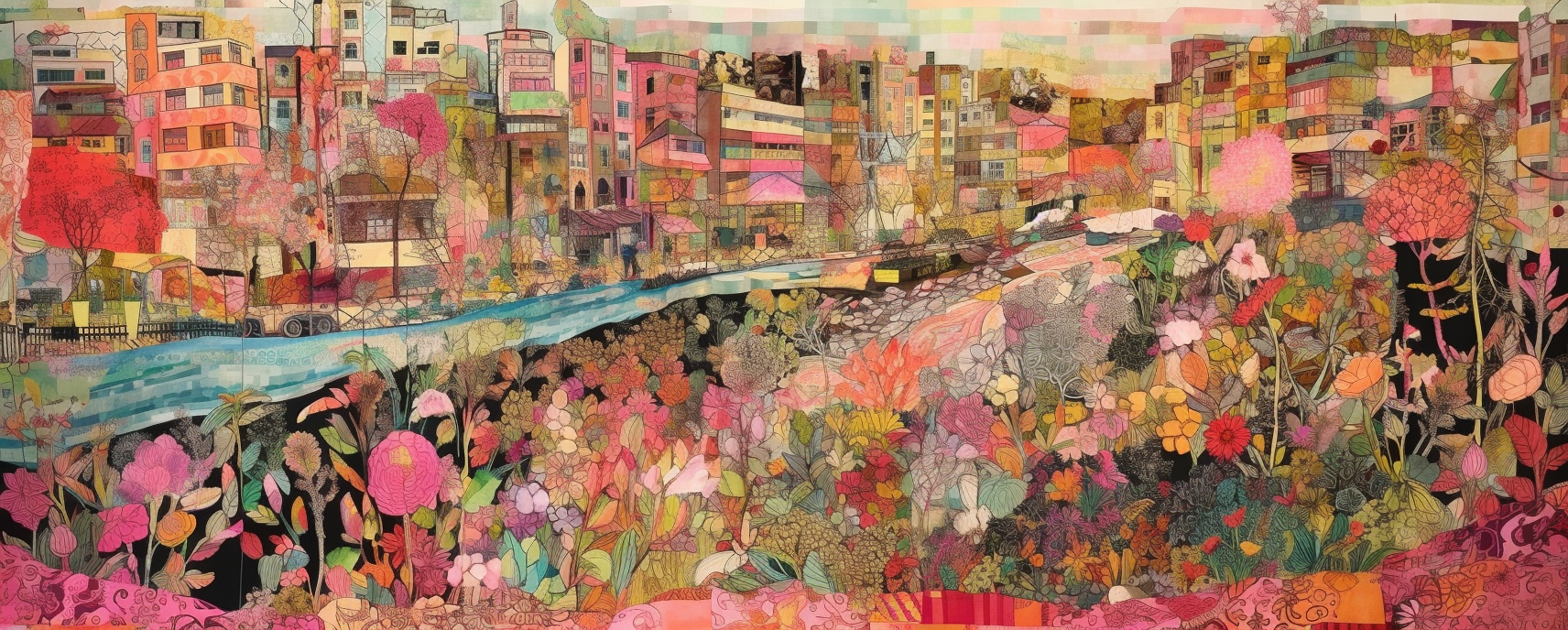 Collage of fabric and paper in urban landscape.