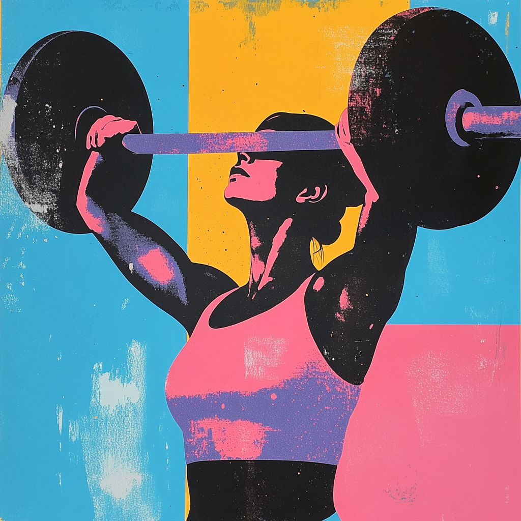 Collage of female weight lifter in pink, blue, black.