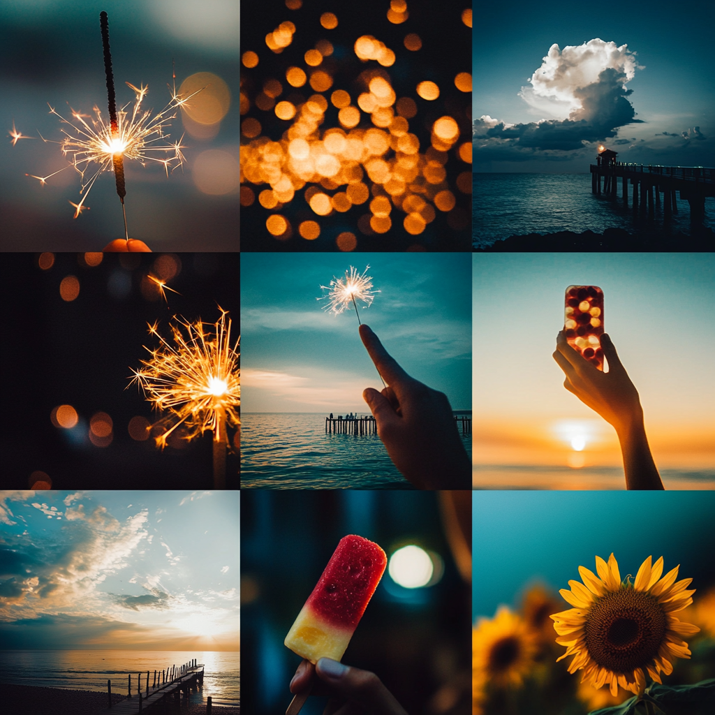 Collage of serene summer scenes: sparkler, ocean, sky, sunflowers.