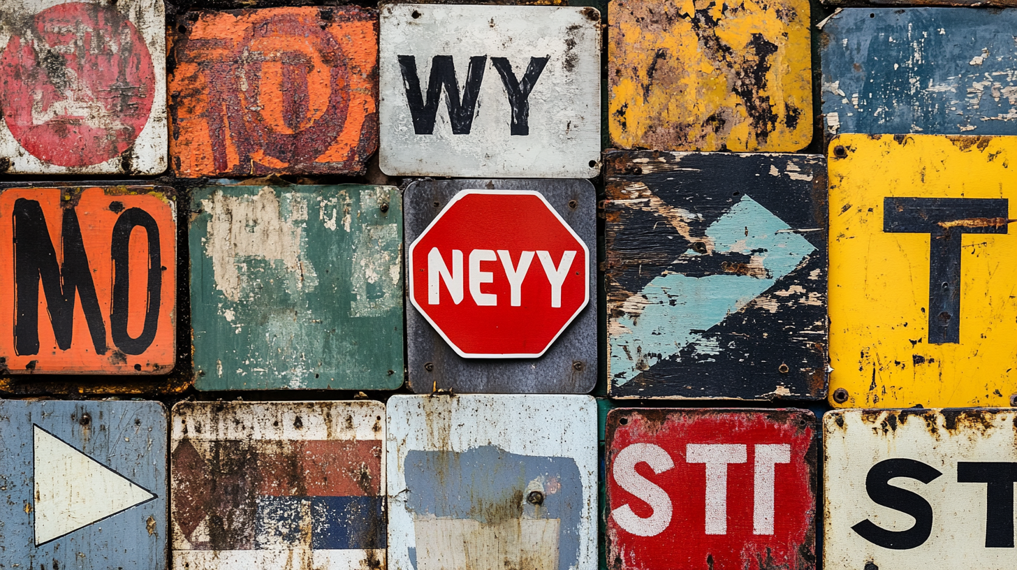 Collage of street signs including STOP and ONE WAY.