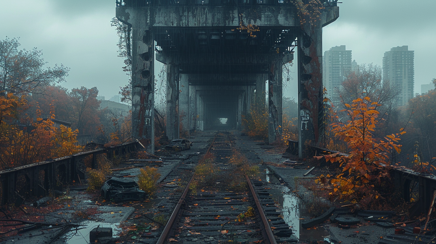 Collapsed bridge in abandoned city, nature reclaiming urban ruins.