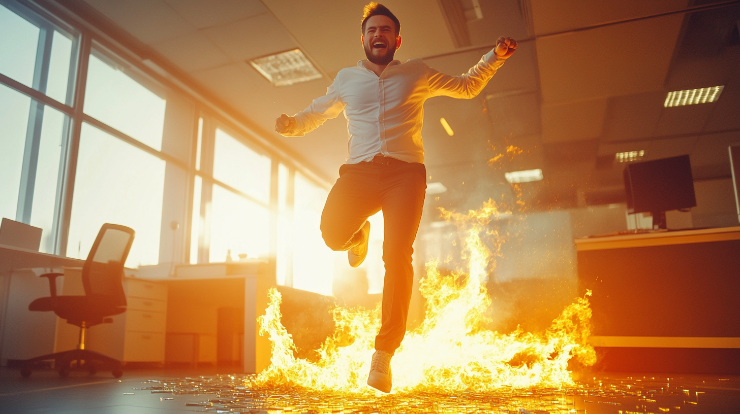 Colleague happily runs barefoot over burning glass at office.