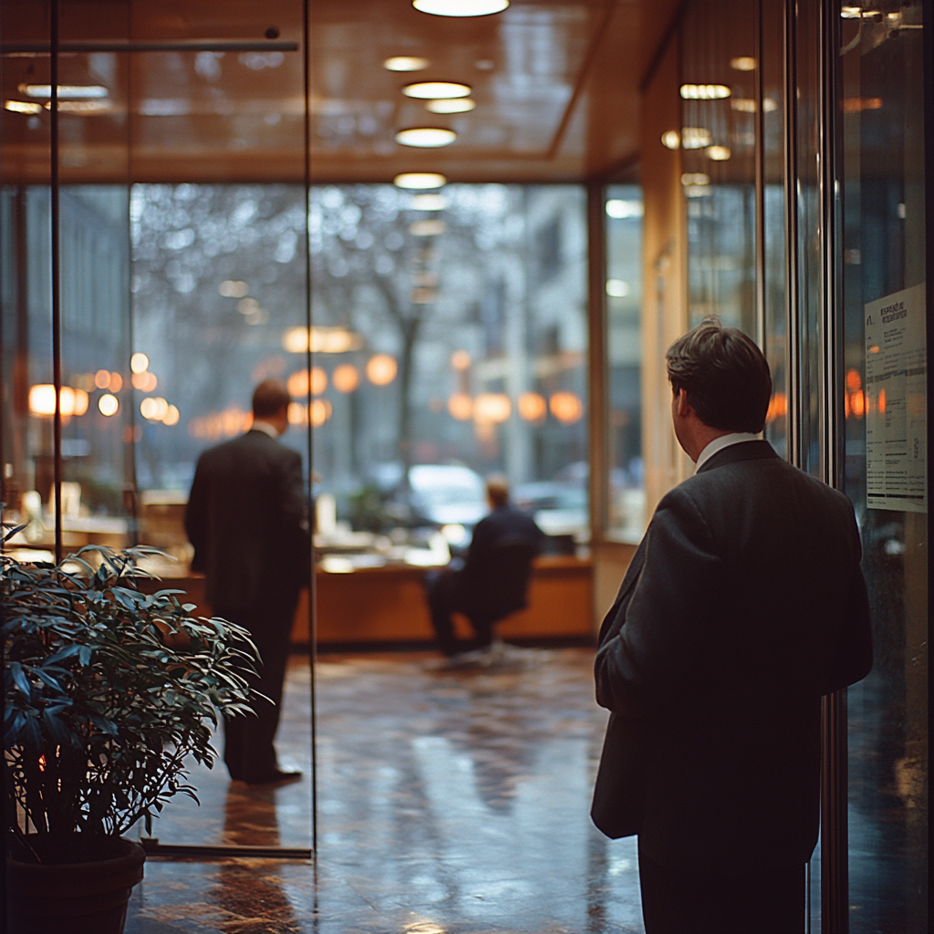 Colleagues gossip near office doorway, desk worker unaware.