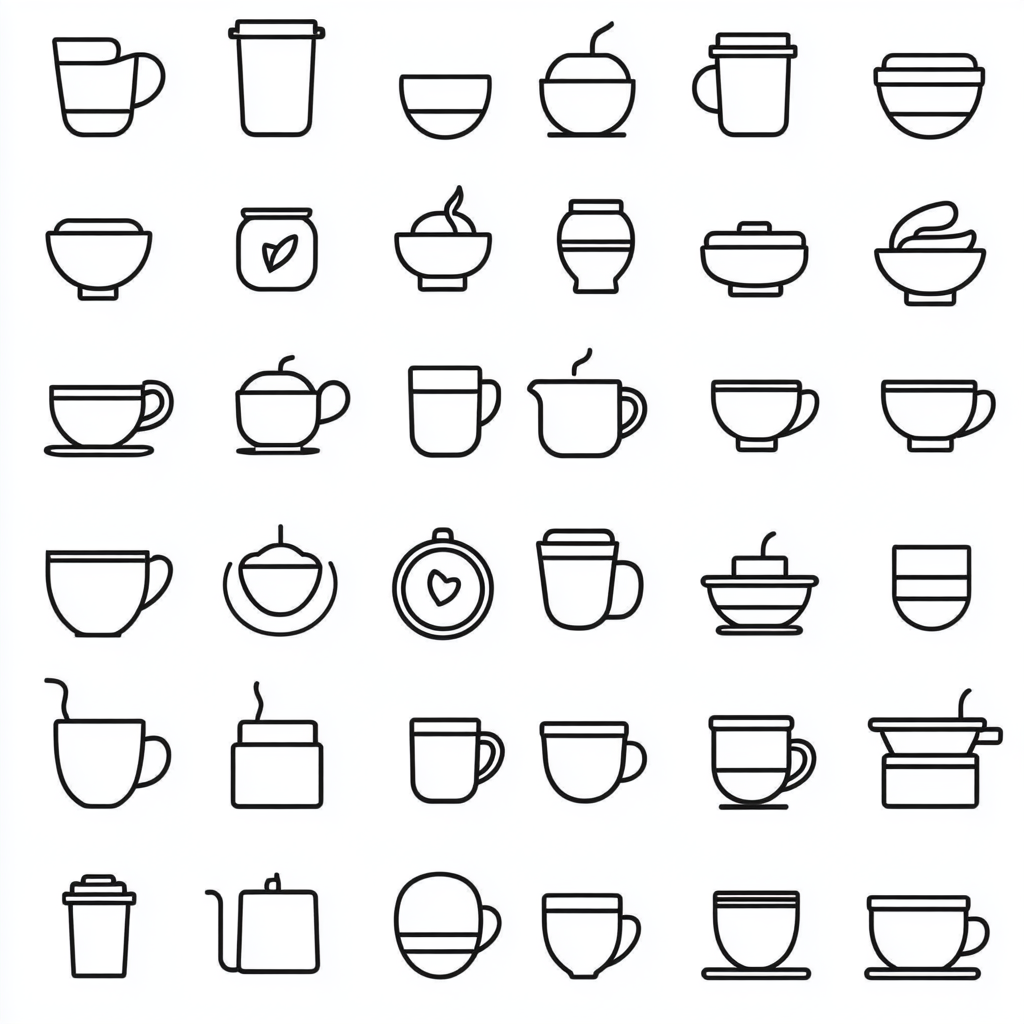 Collection of 40 minimal black and white coffee icons.