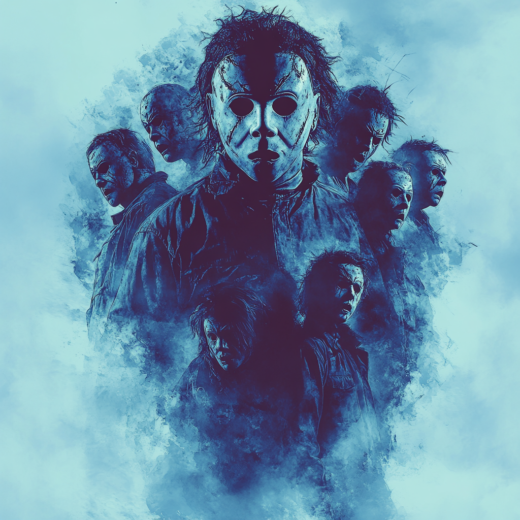 Collection of Michael Myers in menacing poses, horror movie style.