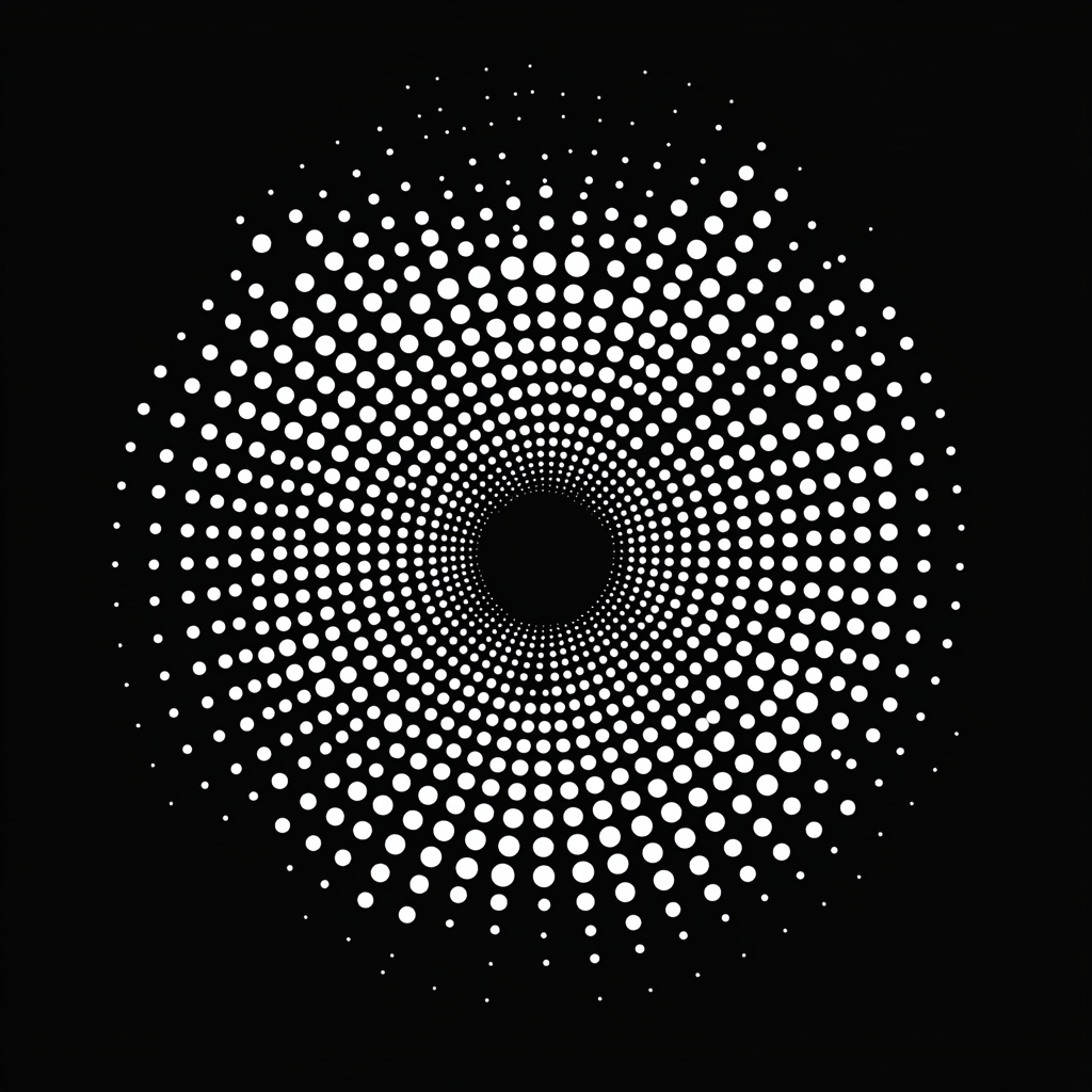 Collection of white dots in circular pattern on black.