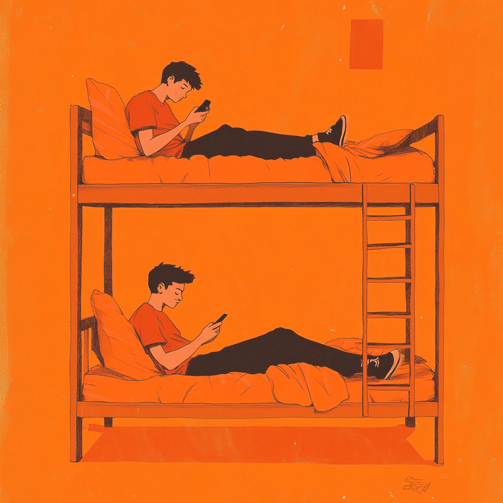 Illustration of College boys on bunk bed with phone