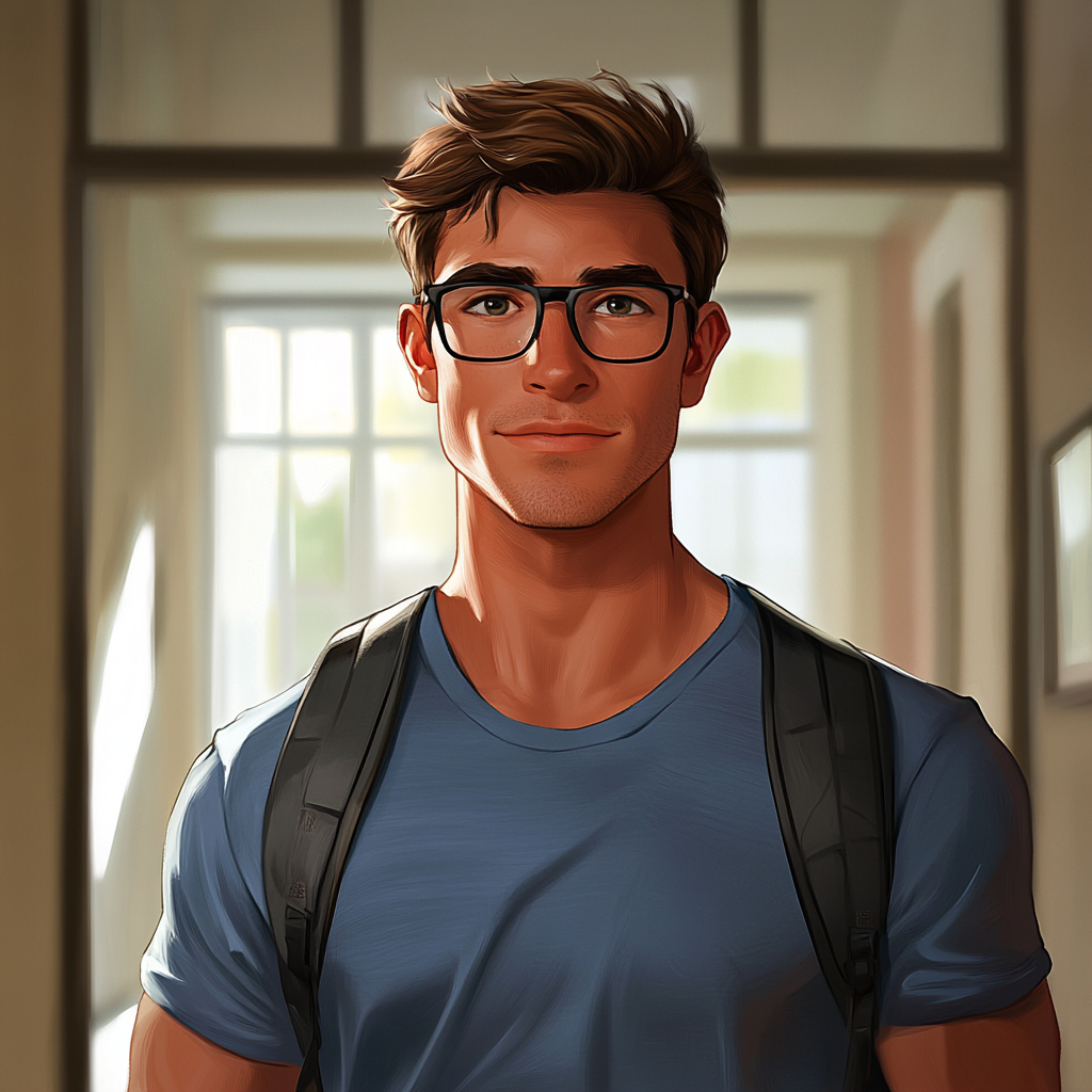 College student superhero with bifid tongue, glasses, university t-shirt