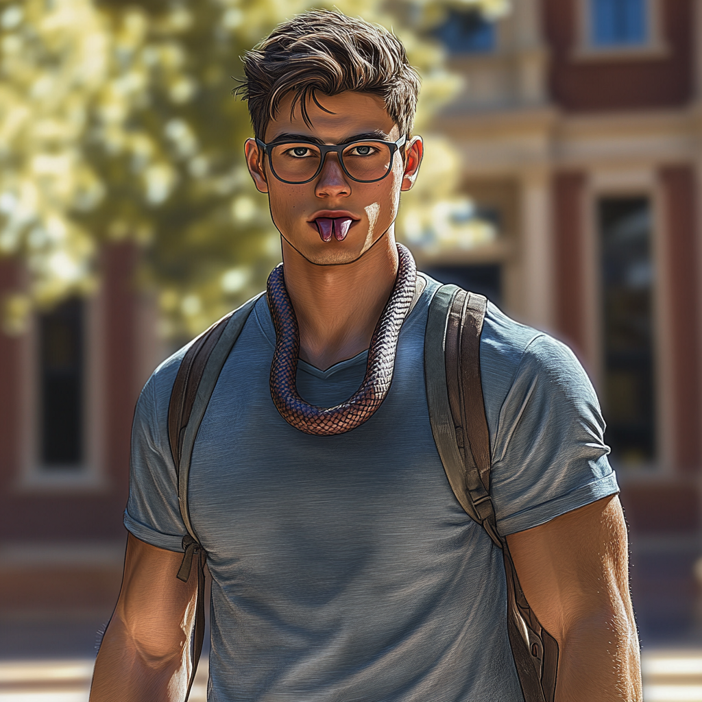 College student superhero with snake tongue, glasses, backpack.