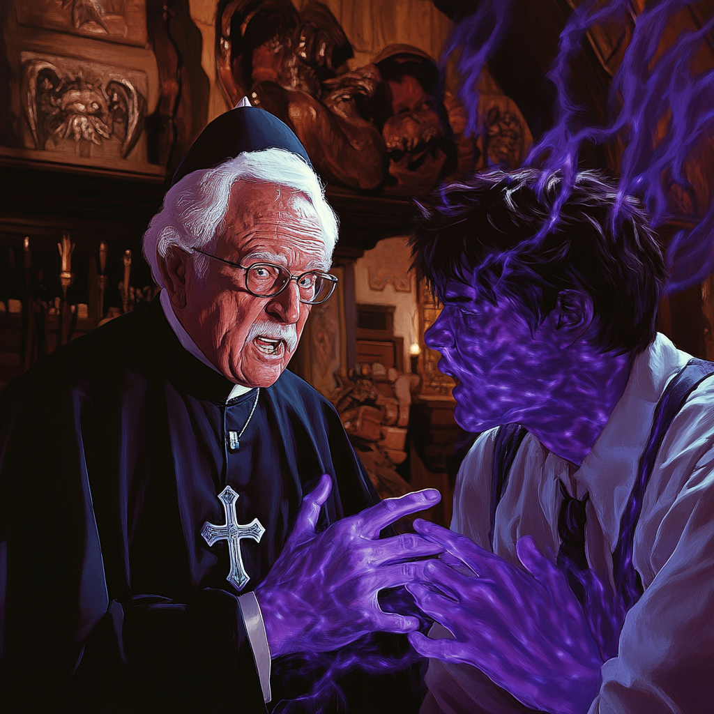 Colonel Sanders as Priest and Noble Choked by Ghost.