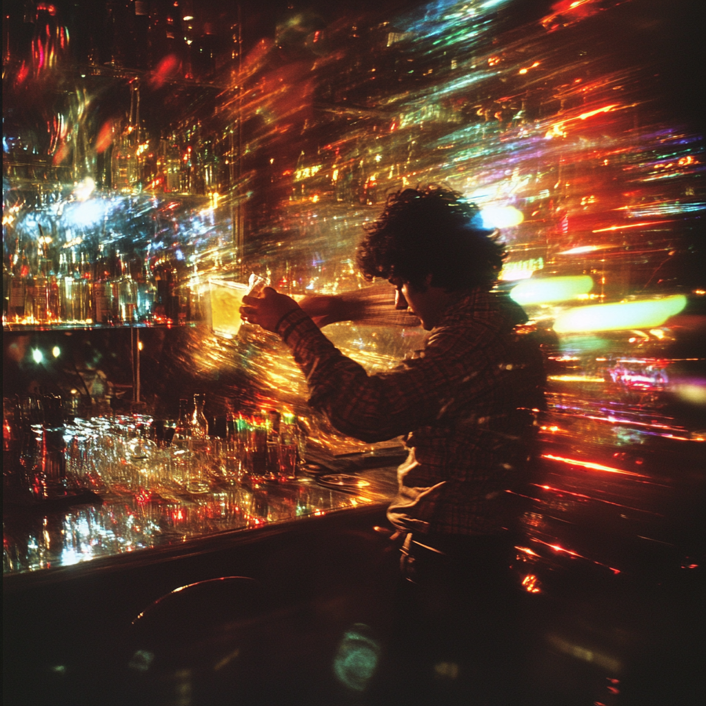 Color photograph of barman shaking cocktail in punk disco.