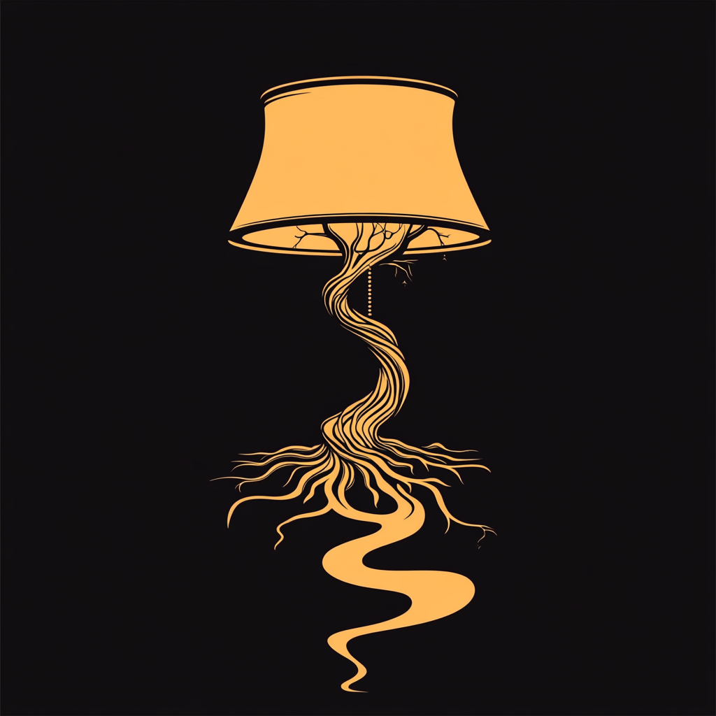 Color vector logo of lamp with tree roots pedestal.