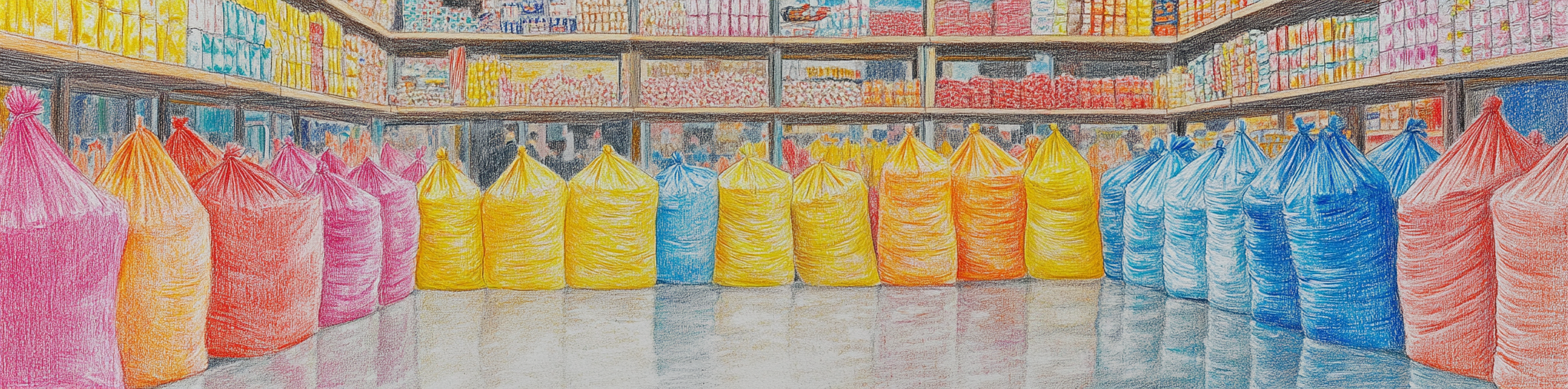 Colored pencil sketch of rainy market scene, symmetrical layout.