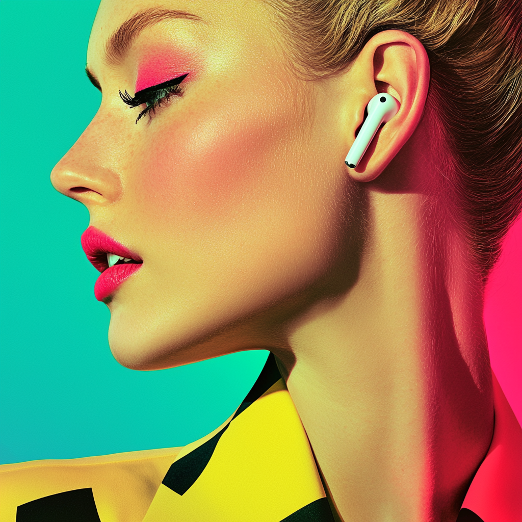 Colorful 1950s-style advertisement featuring woman's ear with AirPods.