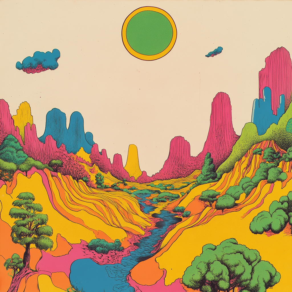 Colorful 1968-style landscape drawing with rounded edges