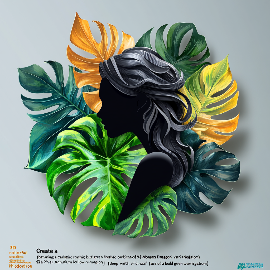 Colorful 3D logo with Monstera, Philodendron, Anthurium leaves, woman.