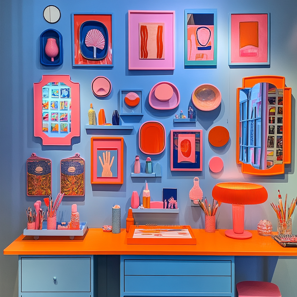 Colorful 50's gallery wall with mirrors and sketches.