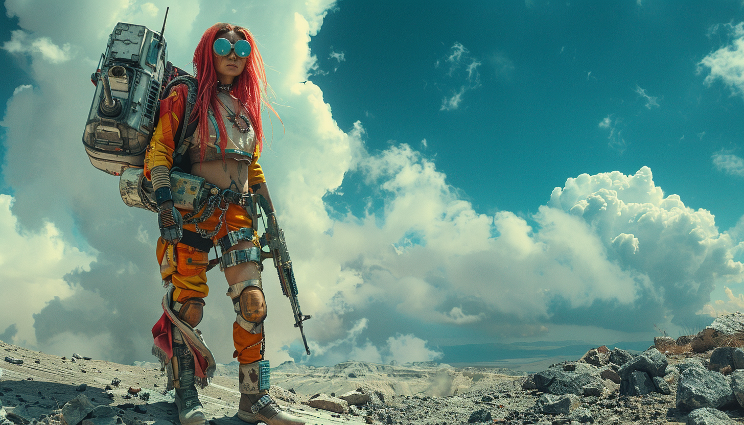 Colorful 80s Hair Band Pop Star in Post-Apocalyptic Wasteland