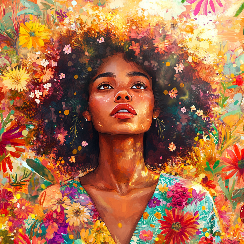 Colorful Afro hippie woman in dreamlike garden of flowers.