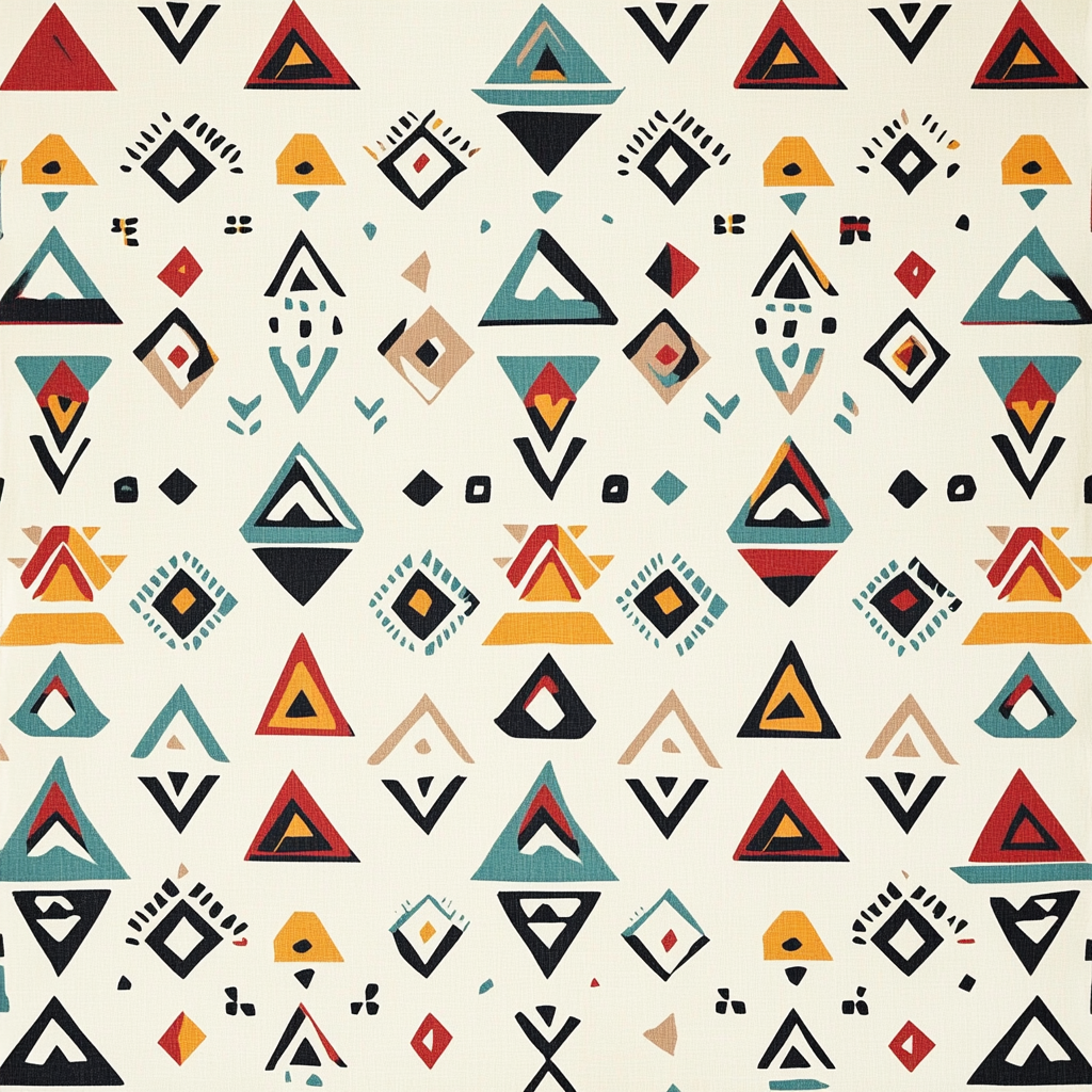 Colorful Aztec shapes and symbols on white fabric