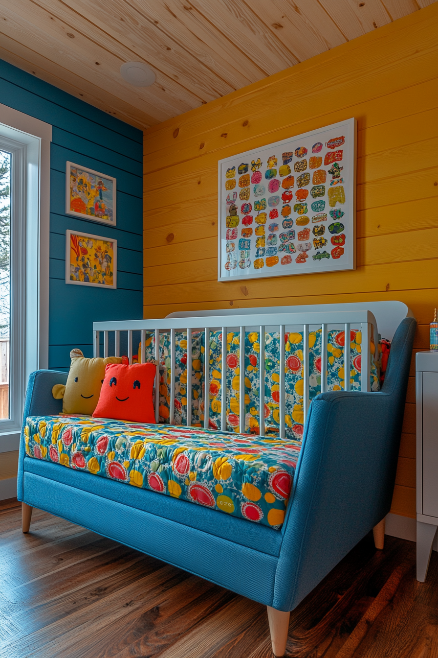 Colorful Barndominium Nursery with Vibrant Art and Furniture