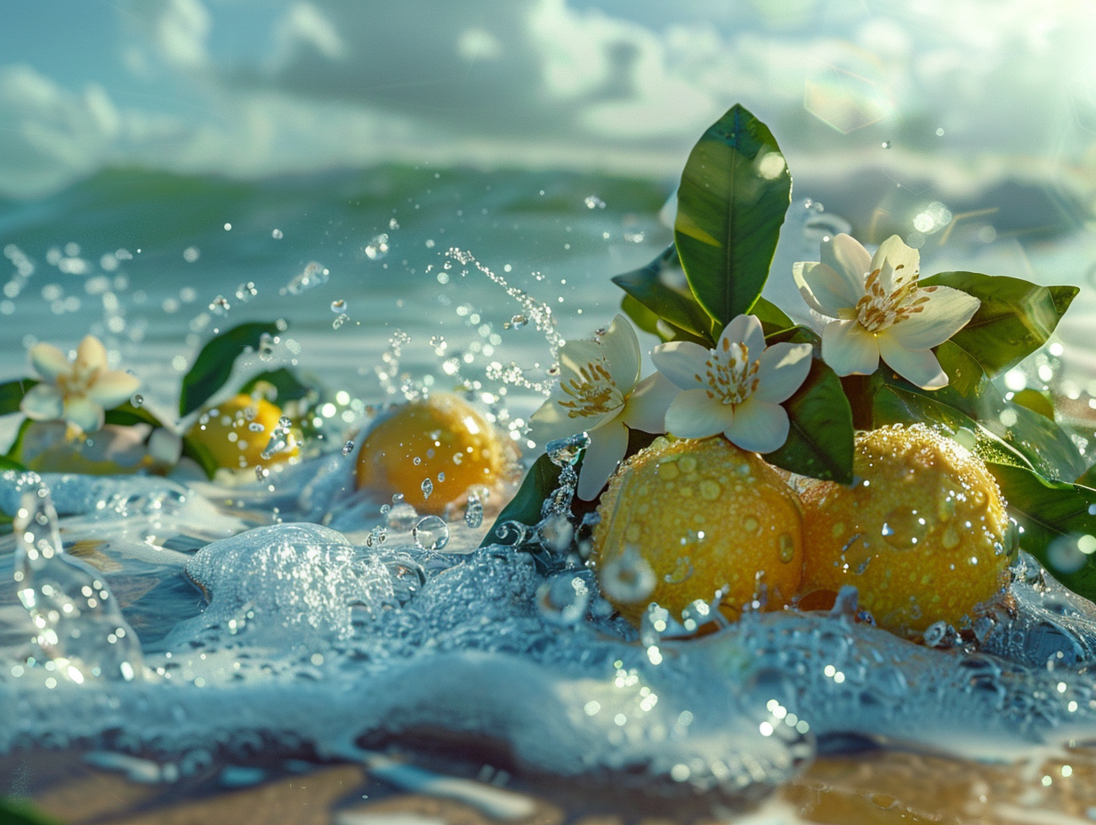 Colorful Bergamot Fruits and Neroli Flowers by Ocean