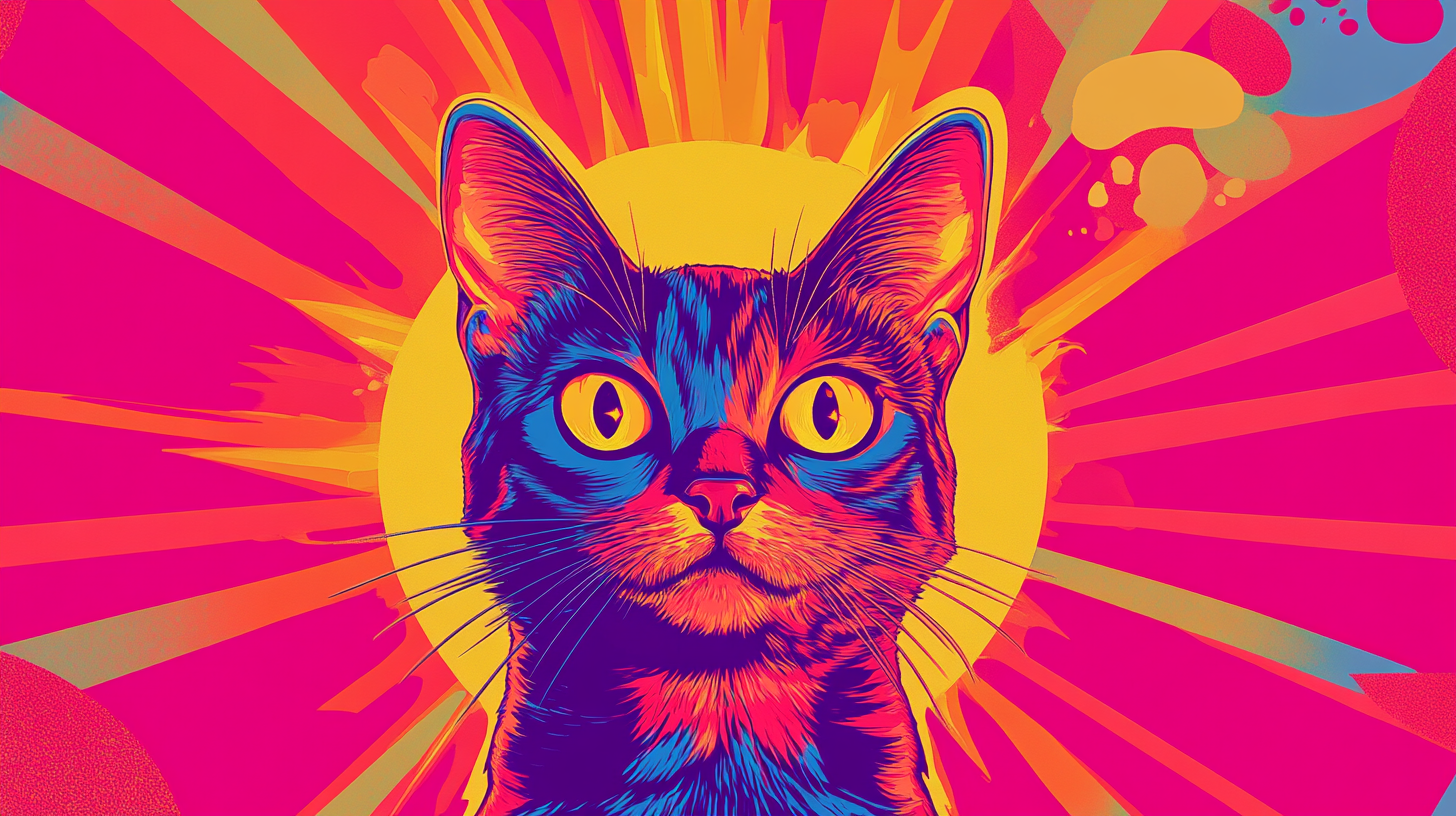 Colorful Bodhisattva cat illustration with graphic design elements.