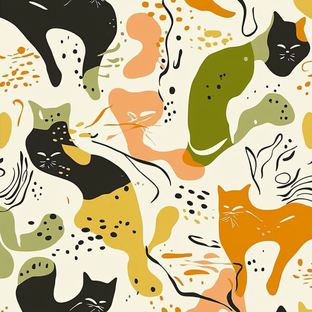 Colorful Cat and Floral Pattern on Beige Background