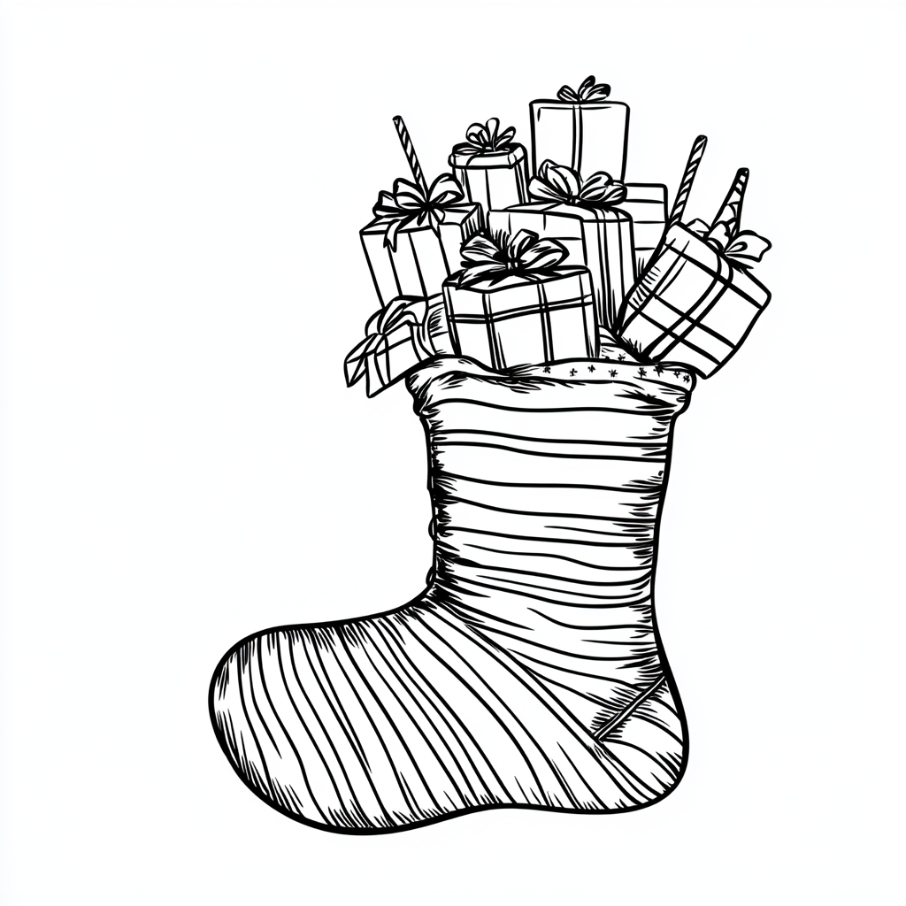 Colorful Christmas sock filled with presents for coloring.
