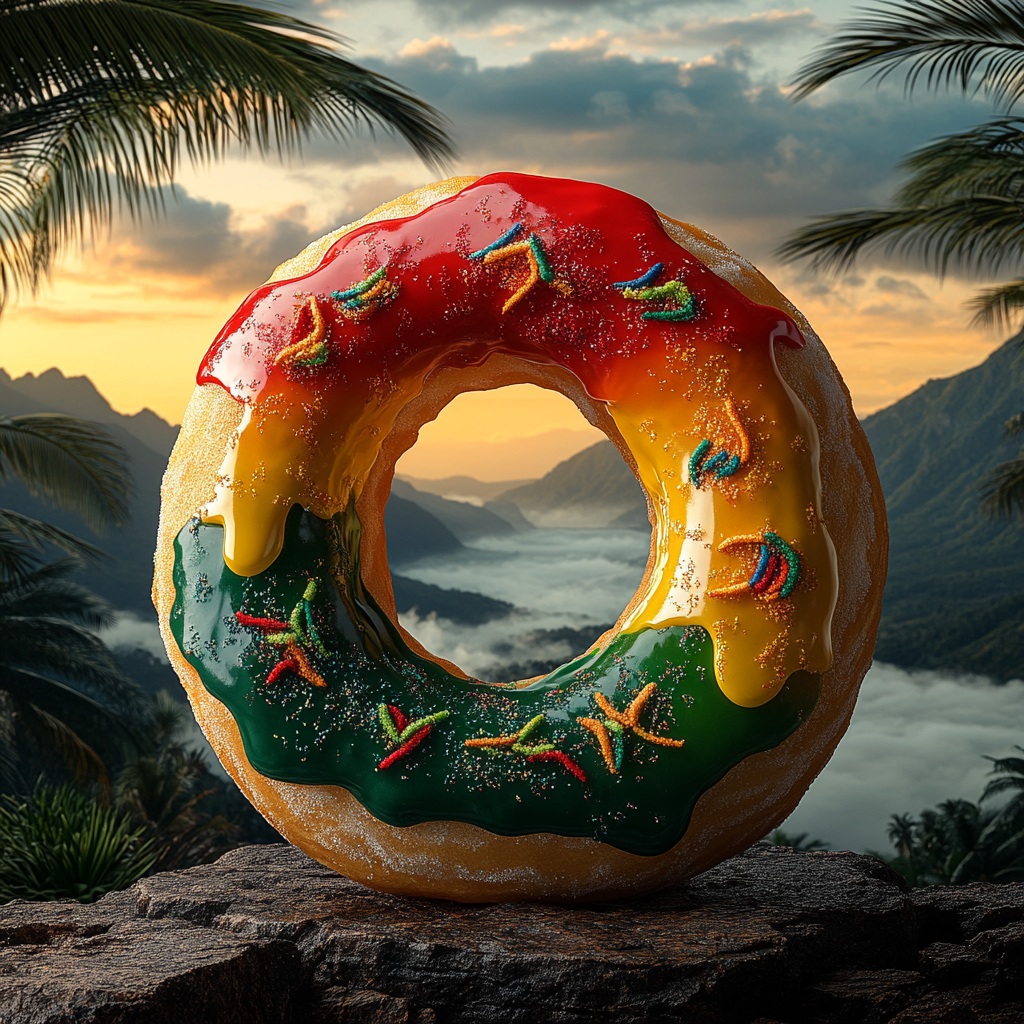 Colorful Donut in front of Jamaica's Blue Mountains